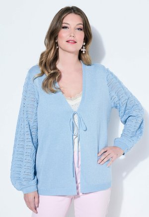 Femme aux cheveux ondulés portant un cardigan en maille bleu clair avec des manches à motif en dentelle, par-dessus un haut blanc et un pantalon rose clair, posant devant un fond blanc.