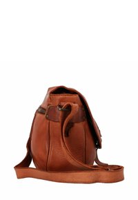 Borsa in pelle marrone con forma arrotondata, tracolla regolabile, chiusura con zip e dettagli sulla patta e cuciture laterali.