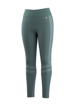 Turquoise legging met hoge taille en lichtgrijze geometrische patronen op de benen, met een klein wit logo nabij de tailleband aan de rechterkant.