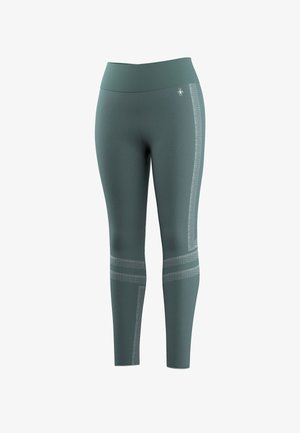 Leggings a vita alta color verde acqua con motivi geometrici grigio chiaro sulle gambe e un piccolo logo bianco vicino alla vita sul lato destro.