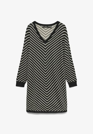 Abito a maglia a righe nere e crema con scollatura a V, maniche lunghe e motivo a zigzag. Presenta polsini e scollatura a coste.