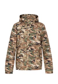 Camouflage jacket met een mix van bruin, groen en zwart. Het heeft een capuchon, zijzakken en een volledige rits. Zachte textuur.