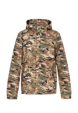 Camouflage jacket met een mix van bruin, groen en zwart. Het heeft een capuchon, zijzakken en een volledige rits. Zachte textuur.