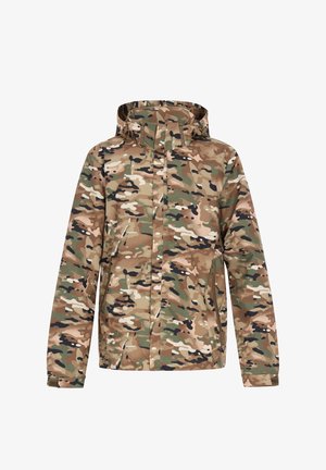 Kamelõika jakk, millel on pruunide, roheliste ja mustade toonide segu. Jakk on varustatud kapuutsiga, küljetaskutega ja täispika tõmblukuga. Muge tekstuur.