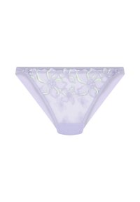 Paarse gaas bikini slip met geborduurd bloemenpatroon in lichtgroen, met een zachte tailleband en naadloze randen voor comfort.