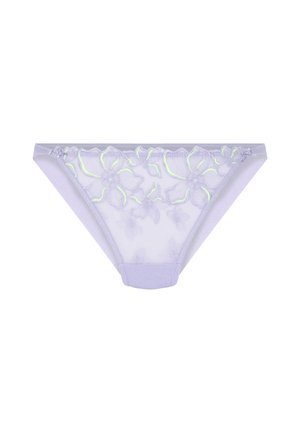 Purple mesh bikini brief with embroidered floral design in light green, featuring a soft waistband and seamless edges for comfort.