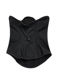 Zwarte taille trainer met een breed ontwerp, gemaakt van gladde stof. Bevat een gaaspaneel, een trekkoord met toggle en gestructureerde stiksels.