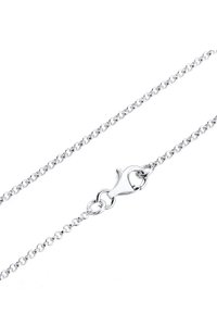 Sølv kæde halskæde med klipslås på en hvid baggrund, der fremhæver låsen og kædelinkene i detaljer.