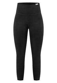 Mustat leggingsit, joissa on leveä, korkea vyötärö. Valmistettu joustavasta materiaalista, jossa on sileä pinta ja litteät saumat mukavuutta varten. Ei näkyviä kuvioita tai koristeluita.