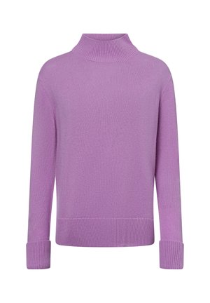 Lila Pullover mit einem hohen, gerippten Kragen, langen Ärmeln und gerippten Bündchen. Weiche Textur und kastiger Schnitt.
