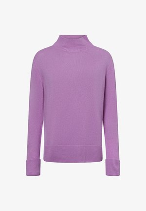 Lila Pullover mit einem hohen, gerippten Kragen, langen Ärmeln und gerippten Bündchen. Weiche Textur und kastiger Schnitt.