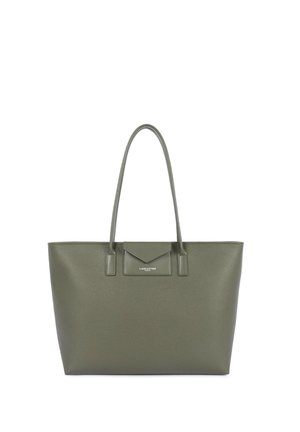 Sac cabas en cuir texturé gris-vert avec deux longues anses et une petite poche avant étiquetée Lancaster Paris.