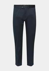 Pantalon slim bleu marine foncé avec fermeture par bouton et zip, passants de ceinture et design avant épuré sur fond gris clair.