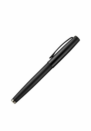 Black ribbed body fountain pen with a clip on the cap and silver tip, shown against a white background.