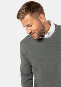 Grauer Strickpullover mit rundem Halsausschnitt und gerippten Bündchen, getragen über einem weißen Hemd mit Kragen. Weiche Textur, figurbetontes Design.