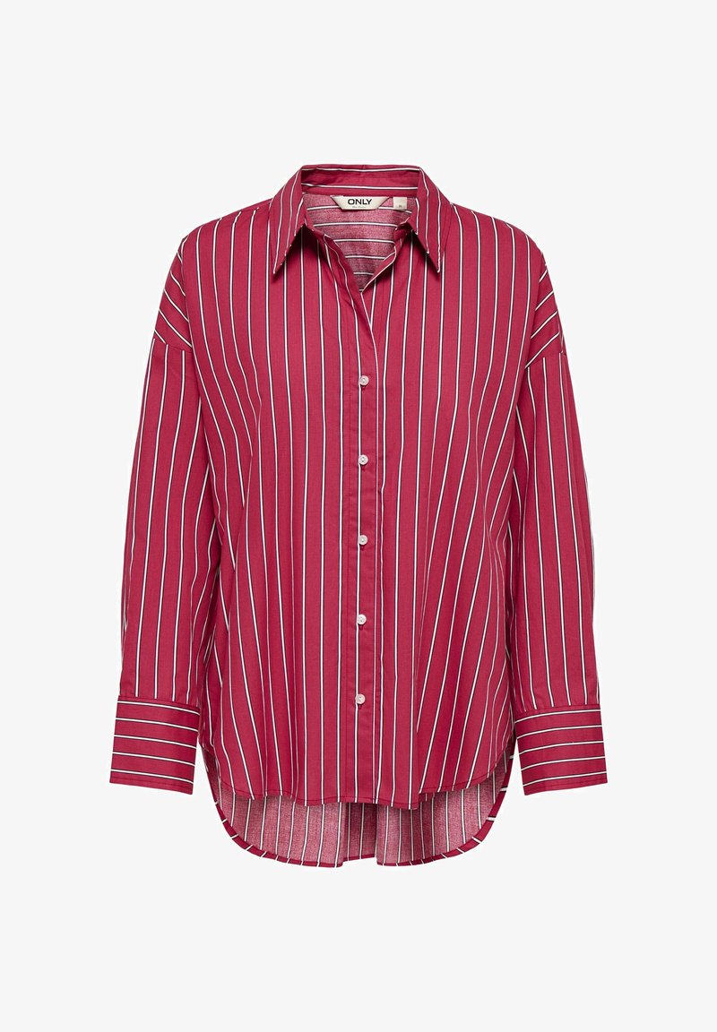 Chemise rouge à manches longues avec boutons, rayures verticales blanches, col pointu et ourlet arrondi, étiquette de marque "ONLY" à l'intérieur du col.