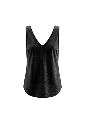 Bluza neagră fără mâneci, cu decolteu în V și un model texturat subtil, cu tiv ușor curbat.