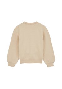 Maglione beige a maglia con maniche lunghe e puff, polsini e orlo a costine, e scollatura arrotondata, caratterizzato da una texture liscia e un design semplice.