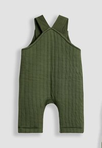 Grüne gesteppte Latzhose mit einem strukturierten vertikalen Streifenmuster, ärmellosem Design, breiten Schulterträgern und abgerundeten Beinöffnungen.