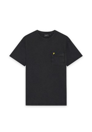 Schwarzes Kurzarm-T-Shirt mit einer Brusttasche, auf deren Klappe ein kleines gelbes Vogel-Logo abgebildet ist.