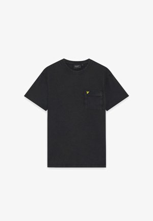 Schwarzes Kurzarm-T-Shirt mit einer Brusttasche, auf deren Klappe ein kleines gelbes Vogel-Logo abgebildet ist.