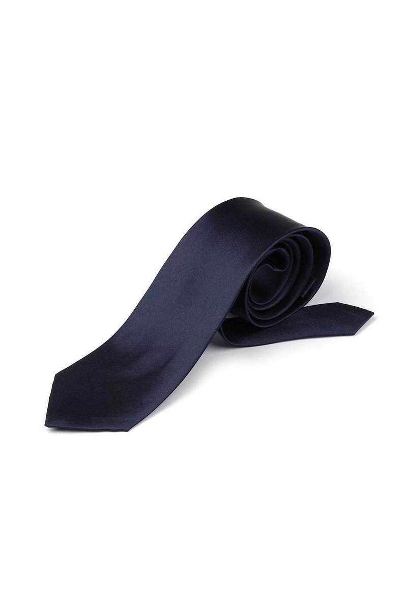 Cravatta in seta blu navy, texture liscia, design classico, estremità affusolata e forma arrotolata, che presenta un colore ricco e profondo con minima lucentezza.