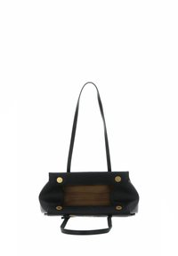 Sac à main en cuir noir avec une surface texturée, une quincaillerie dorée, un format structuré avec une seule poignée et un intérieur spacieux.