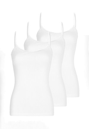 Vier weiße ärmellose Damenunterhemden mit dünnen Trägern, schichtweise vor einem weißen Hintergrund angeordnet.