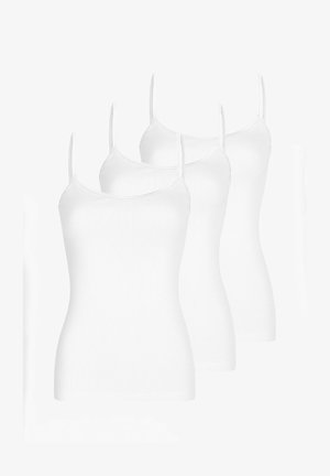 Quatre camisoles blanches sans manches pour femmes avec des bretelles fines, présentées en couches sur un fond blanc.