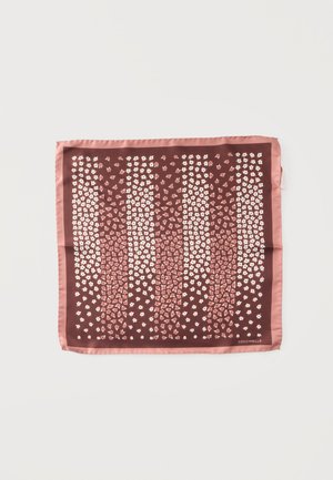 Foulard carré en soie avec une bordure rose et un motif de petites fleurs blanches et roses formant des rayures verticales sur un fond marron.