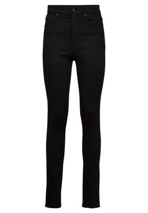 Crne uske traperice s visokim strukom, izrađene od denima, s kopčanjem na dugme, prednjim džepovima i minimalnim detaljima šivanja.