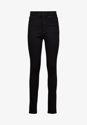 Jean skinny noir taille haute, en denim, avec une fermeture à bouton, des poches avant et des détails de couture minimaux.