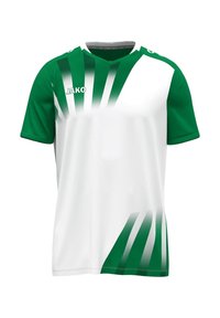 Groen en wit sportshirt met een v-hals, korte mouwen en diagonale groene strepen aan de voorkant, met het "JAKO"-logo op de borst.