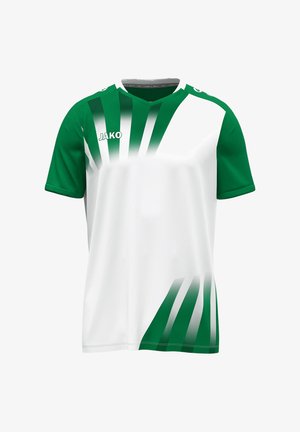 Grünes und weißes Sportshirt mit V-Ausschnitt, kurzen Ärmeln und diagonalen grünen Streifen auf der Vorderseite sowie dem "JAKO"-Logo auf der Brust.
