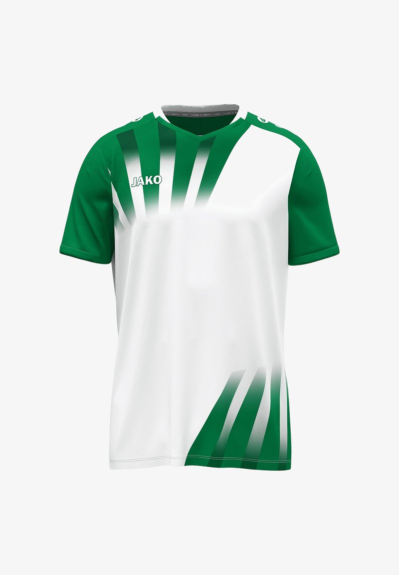 T-shirt de sport vert et blanc avec un col en V, des manches courtes et des rayures diagonales vertes à l'avant, avec le logo "JAKO" sur la poitrine.