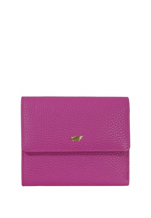 Portafoglio in pelle rosa con trama, dotato di patta pieghevole e piccolo emblema d'oro a forma di toro al centro della parte anteriore.