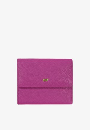 Rosa strukturiertes Lederportemonnaie mit Klappverschluss und kleinem goldenem Stier-Emblem, das mittig auf der Vorderseite platziert ist.