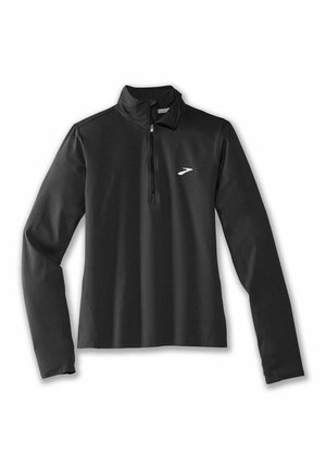 Pullover nero a maniche lunghe realizzato in un tessuto morbido e elasticizzato, con zip a quarto e un piccolo logo riflettente sul petto.