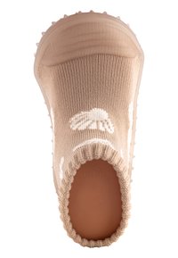 Beige Slipper-Sneaker mit einem strukturierten Strick-Obermaterial, das weiße abstrakte Muster aufweist und einen sockenähnlichen Kragen hat. Gummisohle mit kleinen Stiften.
