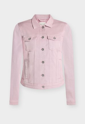 Jachetă de denim roz deschis cu mâneci lungi, închidere cu nasturi în față, două buzunare cu clapetă pe piept și buzunare pe cusăturile laterale.