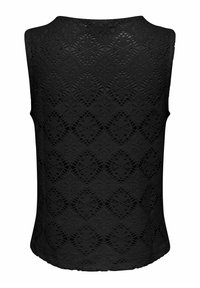 Haut noir sans manches en tissu dentelle avec des motifs floraux en forme de losange, vu de dos.