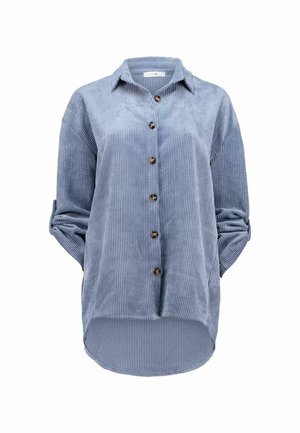 Blue corduroy button-up shirt with a collar, long sleeves, and a rounded hem. Features visible stitching and brown buttons.