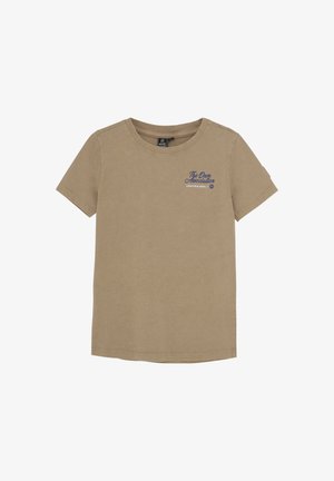 Beige Baumwoll-T-Shirt mit kurzen Ärmeln, rundem Ausschnitt und blauer Druckschrift "The Drum Association" auf der linken Brust.