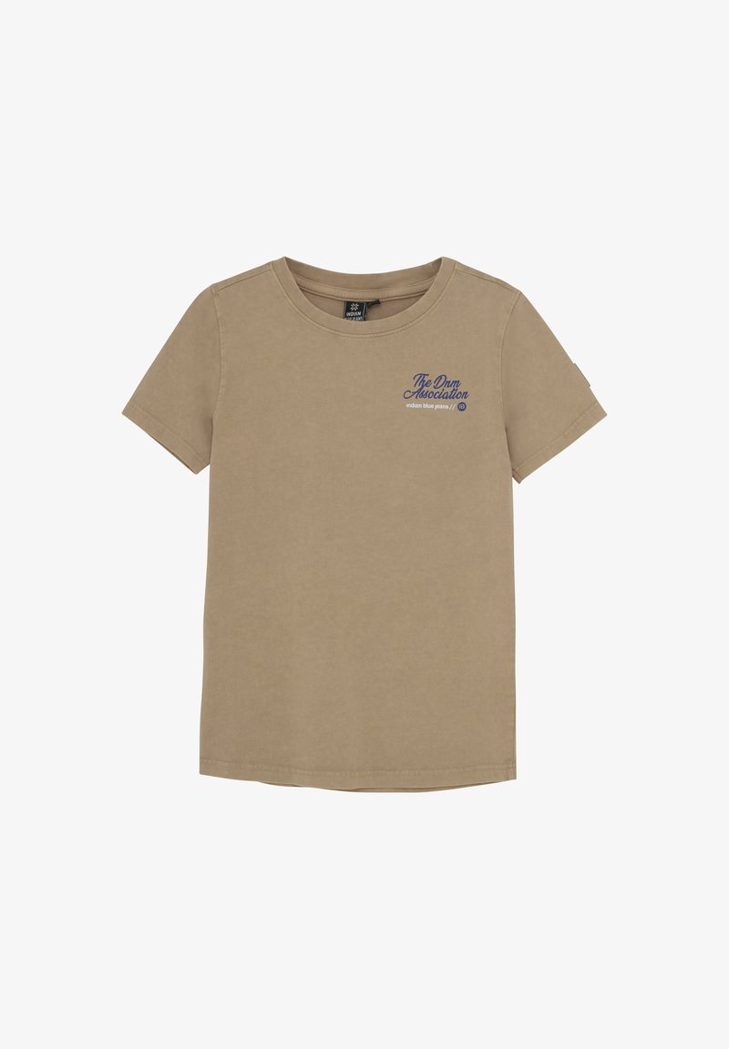 Beżowa bawełniana koszulka z krótkim rękawem, okrągłym dekoltem i niebieskim napisem "The Drum Association" na lewej piersi.