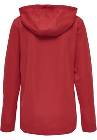 Röd hoodie med en texturerad tyg, med en ryggnacke och långa ärmar. Innehåller ljusblå detaljer på ärmarna.