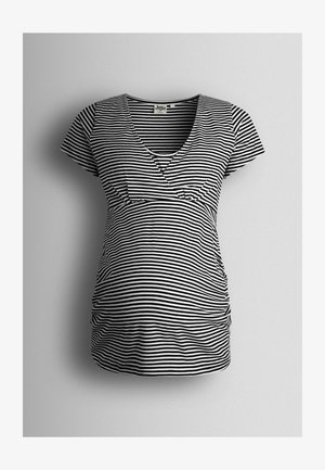 Bluză de maternitate cu dungi alb-negru, mâneci scurte, decolteu în V și părți adunate pentru un aspect conturat. Material moale și elastic.