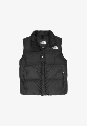 Gilet trapuntato nero con colletto alto, zip frontale e tasche laterali. Realizzato in tessuto liscio e trapuntato, con il logo del marchio sul petto.
