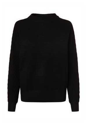 Zwarte trui met ribbeltextuur, hoge halslijn, lange mouwen en aansluitende manchetten. Gemaakt van zacht materiaal, met een relaxed pasvorm.