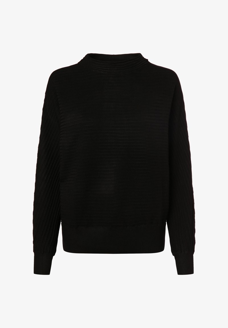 Schwarzer Pullover mit gerippter Textur, hohem Kragen, langen Ärmeln und enganliegenden Bündchen. Hergestellt aus weichem Material mit lockerer Passform.