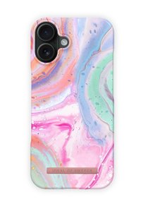 Marmor mønstret telefoncase i pastel farver, med svirlende nuancer af pink, blå og grøn med en glat overflade og et logo akcent nederst.